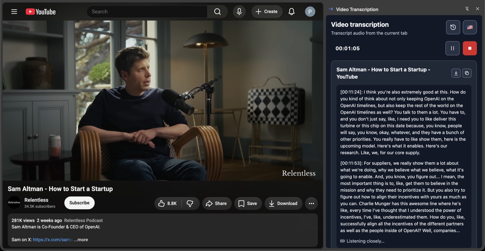 A YouTube video playing in Chrome beside the Video Transcription side panel with timestamped transcript text.
