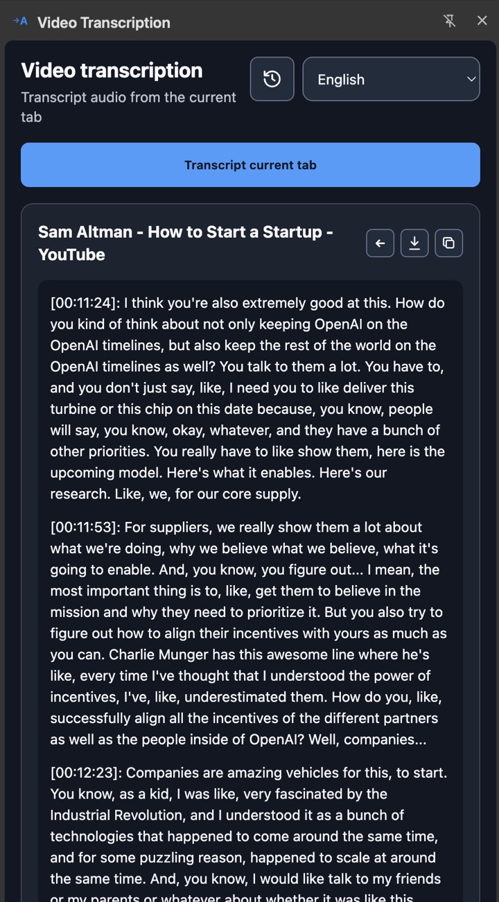The Video Transcription side panel showing timestamped transcript segments in Chrome.