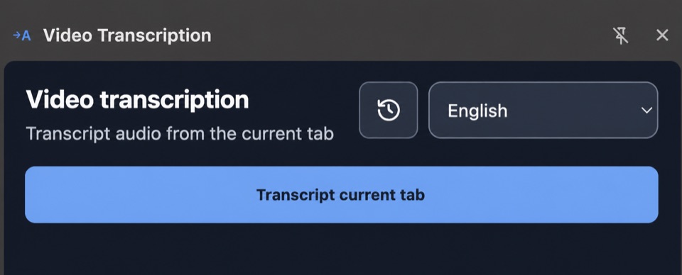 Video Transcription side panel with English selected and the Transcript current tab button.